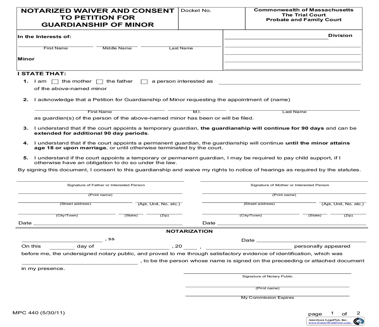 Notarized Waiver And Consent To Petition For Guardianship Of Minor {MPC 440} | Pdf Fpdf Doc Docx | Massachusetts