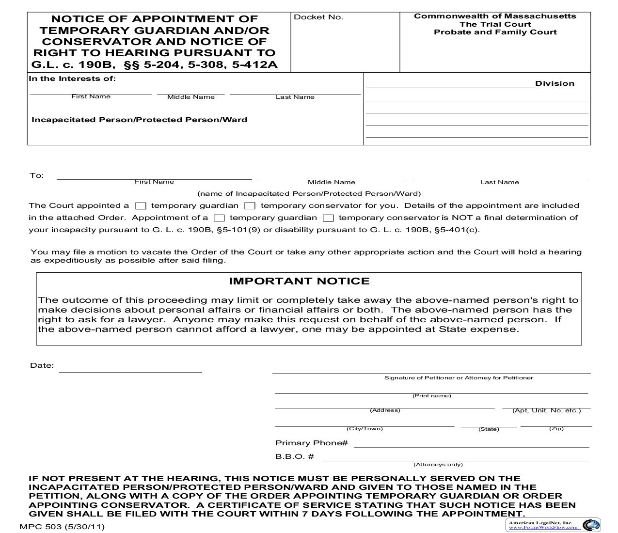 Notice Of Appointment Of Temporary Guardian-Conservator {MPC 503} | Pdf Fpdf Doc Docx | Massachusetts