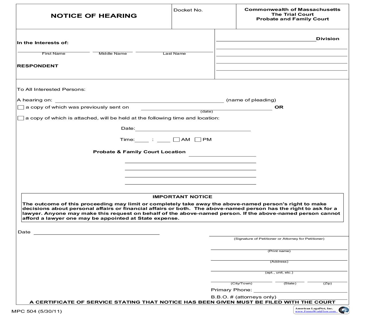 Notice Of Hearing {MPC 504} | Pdf Fpdf Doc Docx | Massachusetts