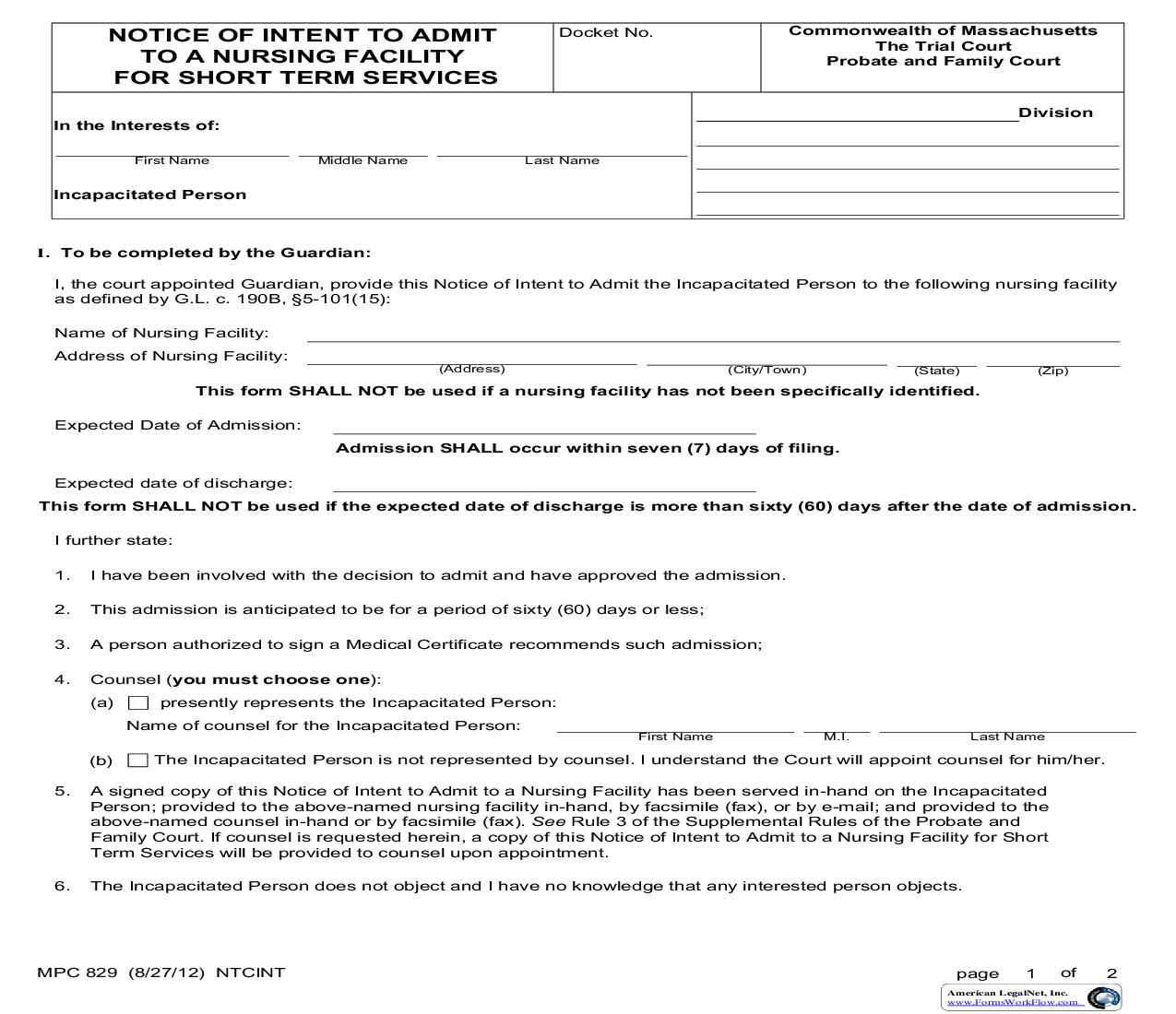 Notice Of Intent To Admit To A Nursing Facility For Short Term Services {MPC 829} | Pdf Fpdf Doc Docx | Massachusetts