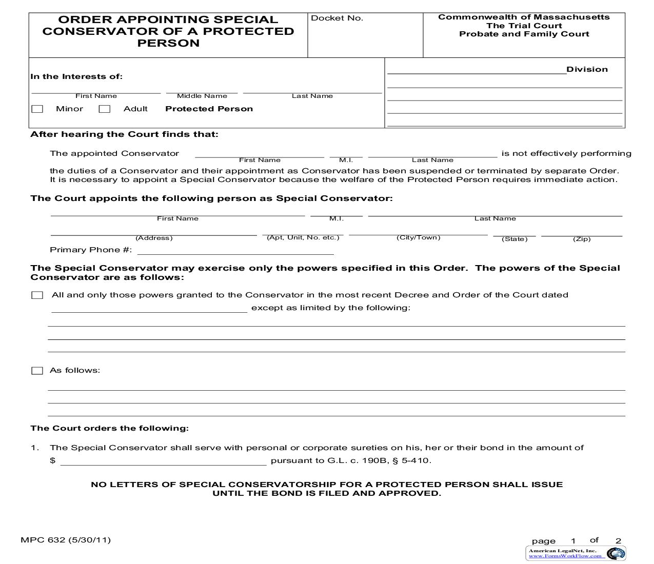 Order Appointing Special Conservator Of A Protected Person {MPC 632} | Pdf Fpdf Doc Docx | Massachusetts