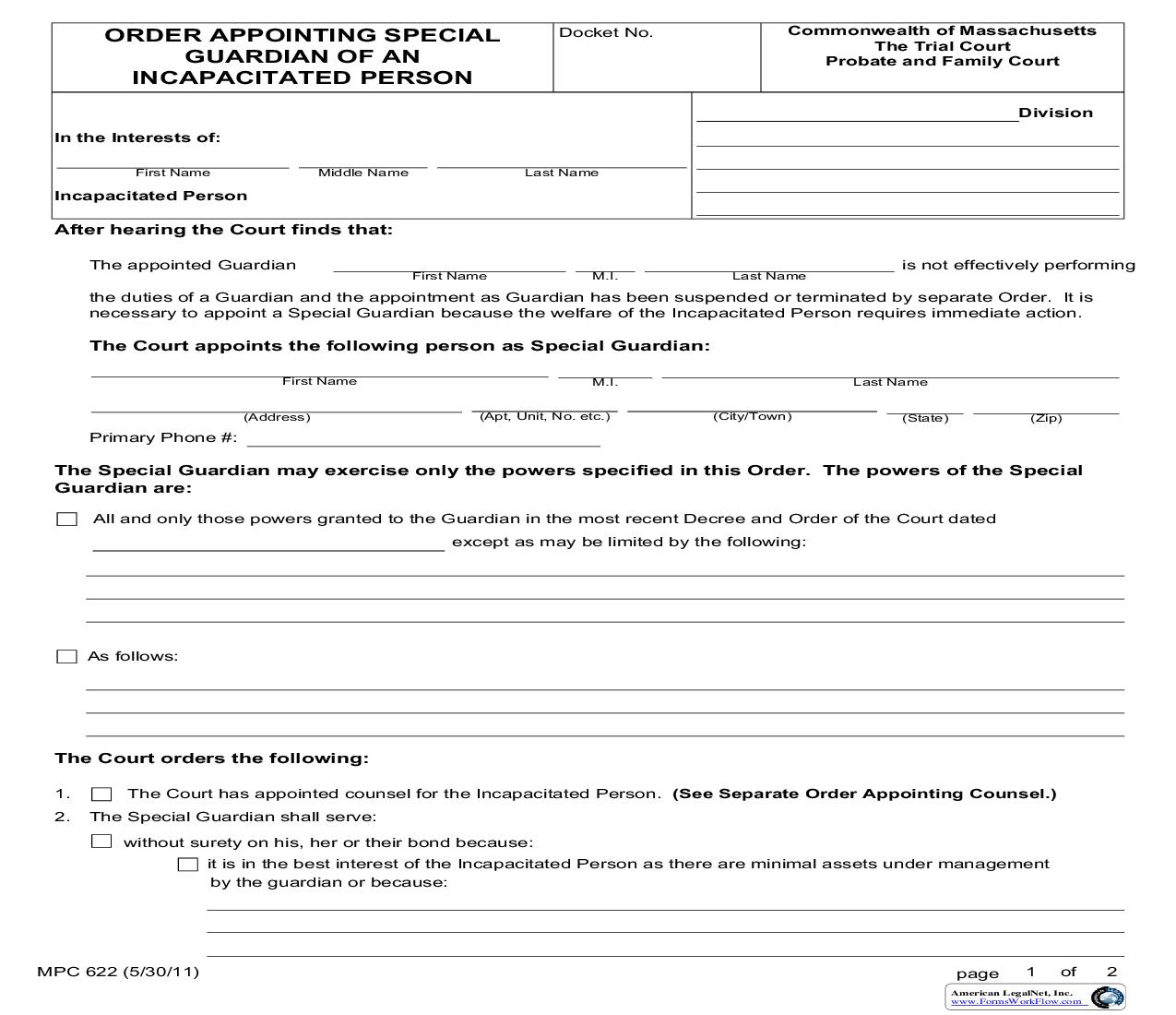Order Appointing Special Guardian Of An Incapacitated Person {MPC 622} | Pdf Fpdf Doc Docx | Massachusetts
