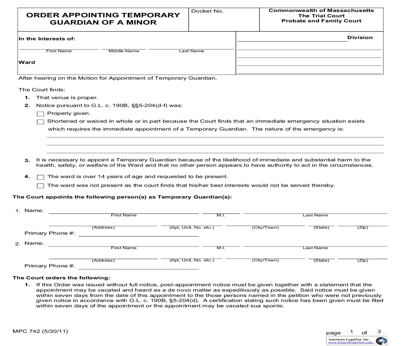 Order Appointing Temporary Guardian For A Minor {MPC 742} | Pdf Fpdf Doc Docx | Massachusetts