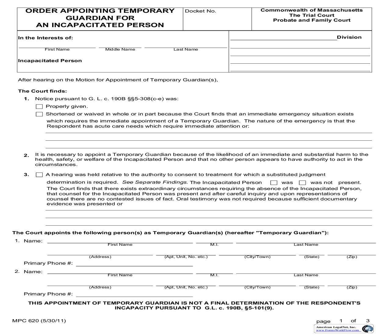 Order Appointing Temporary Guardian For An Incapacitated Person {MPC 620} | Pdf Fpdf Doc Docx | Massachusetts
