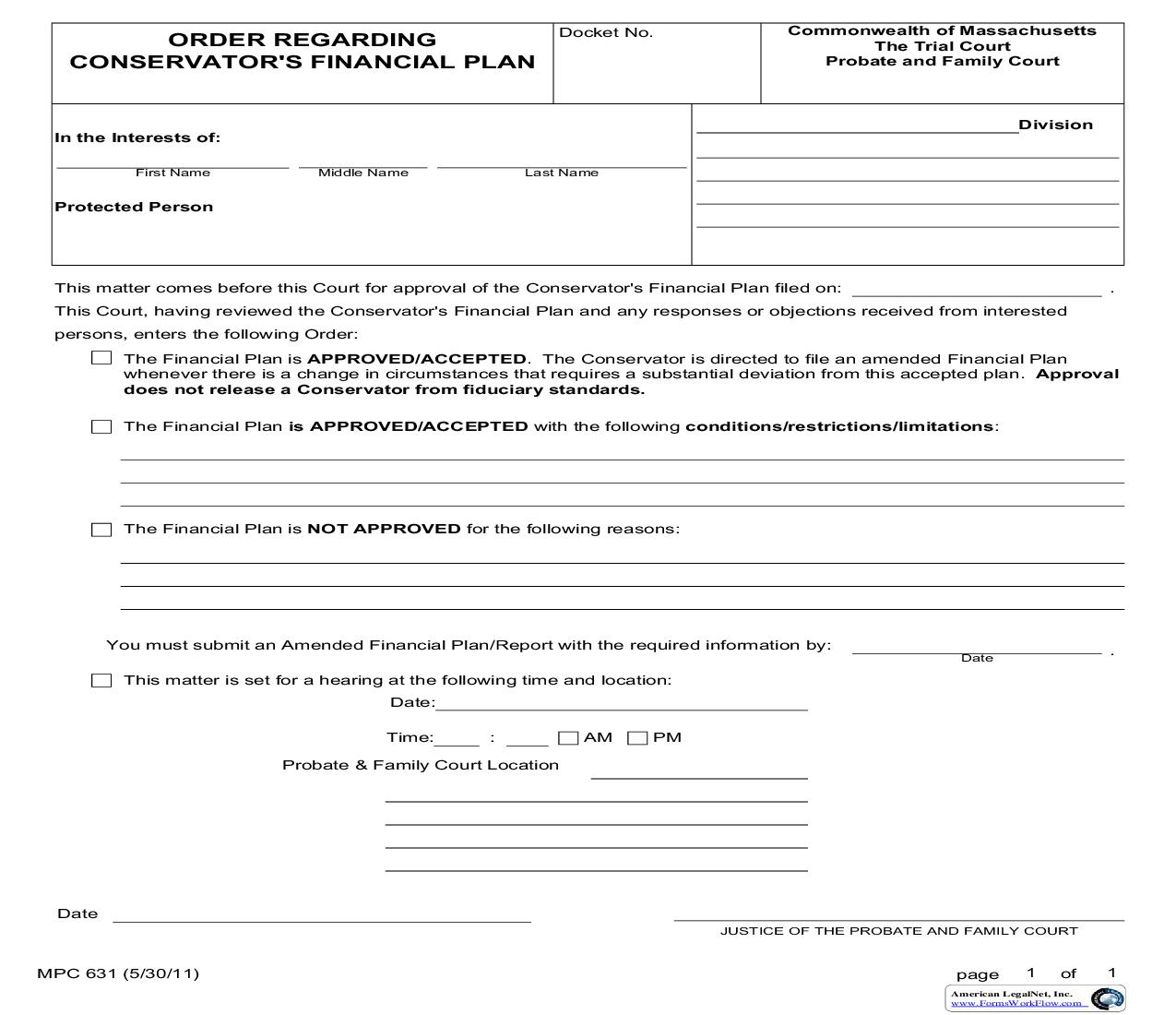 Order Regarding Conservators Financial Plan {MPC 631} | Pdf Fpdf Doc Docx | Massachusetts