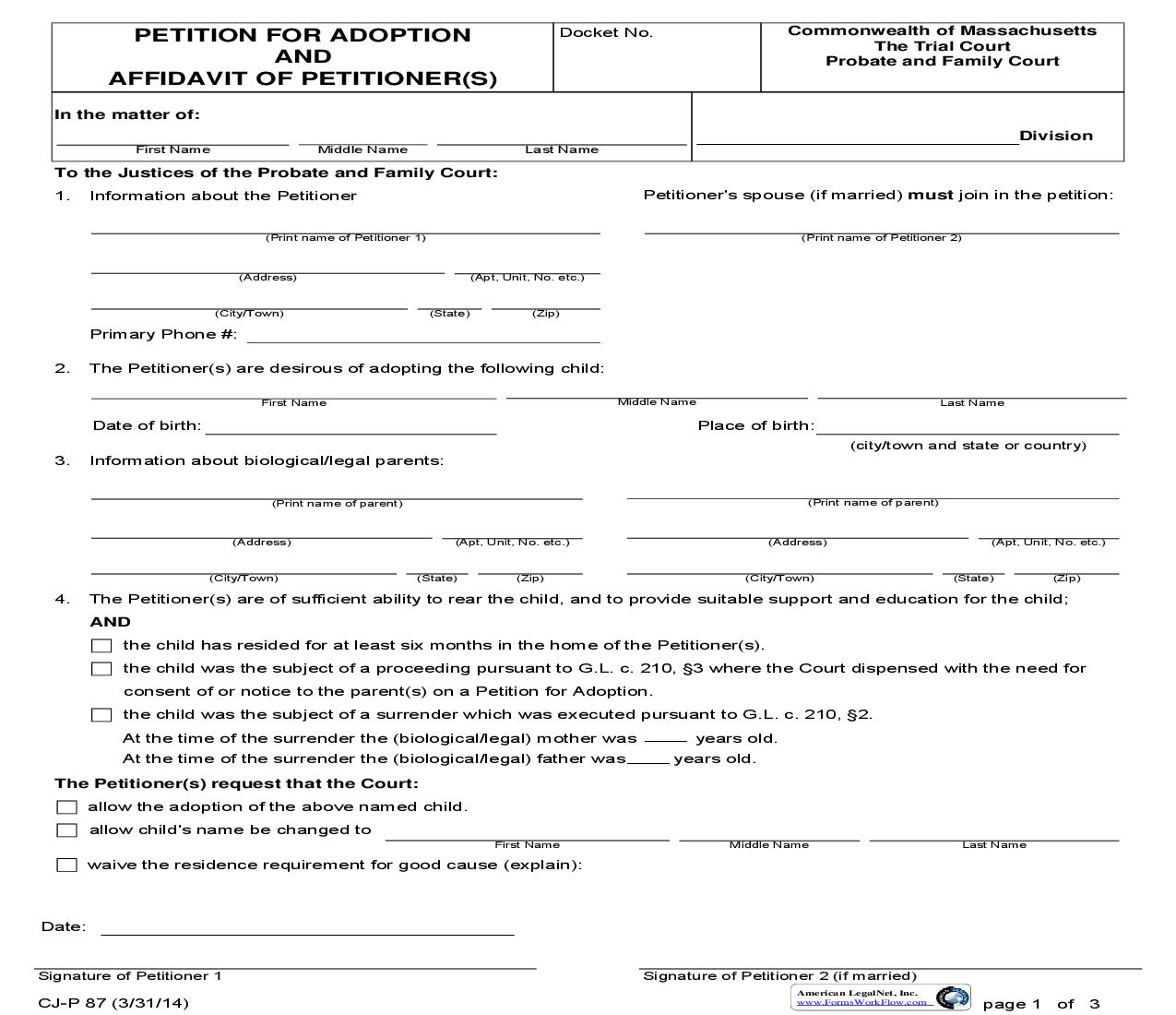 Petition For Adoption And Affidavit Of Petitioner(s) {CJ-P 87} | Pdf Fpdf Doc Docx | Massachusetts