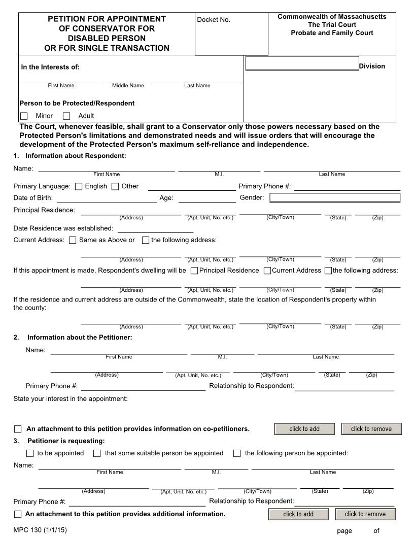 Petition For Appointment Of Conservator For Disabled Person {MPC 130} | Pdf Fpdf Doc Docx | Massachusetts