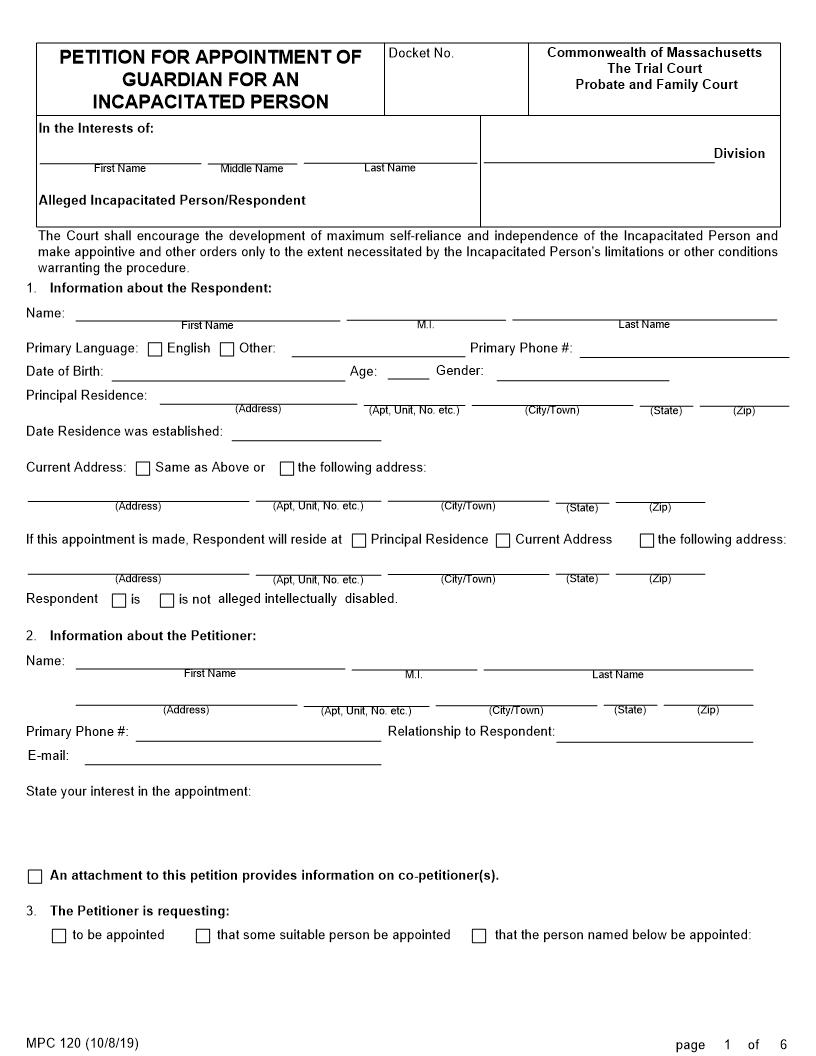 Petition For Appointment Of Guardian For An Incapacitated Person {MPC 120} | Pdf Fpdf Doc Docx | Massachusetts