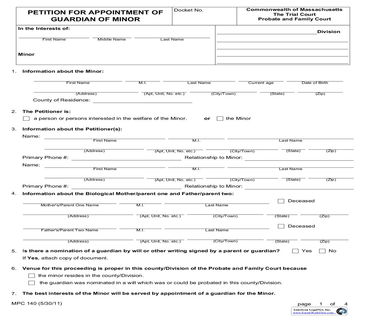 Petition For Appointment Of Guardian Of Minor {MPC 140} | Pdf Fpdf Doc Docx | Massachusetts