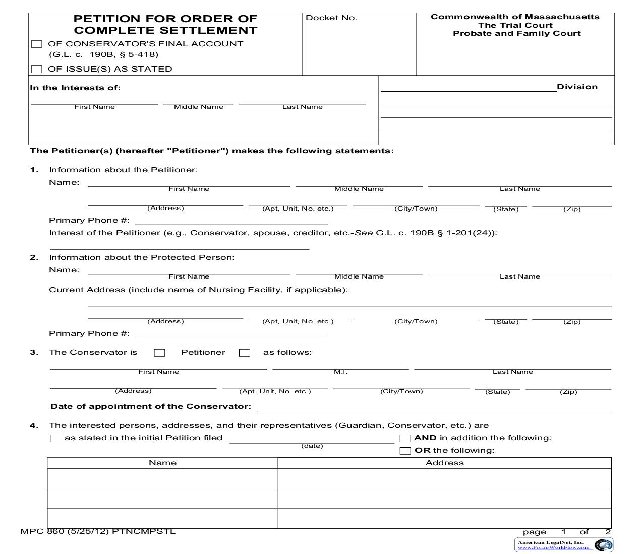 Petition For Order Of Complete Settlement Of Estate (Conservator) {MPC 860} | Pdf Fpdf Doc Docx | Massachusetts