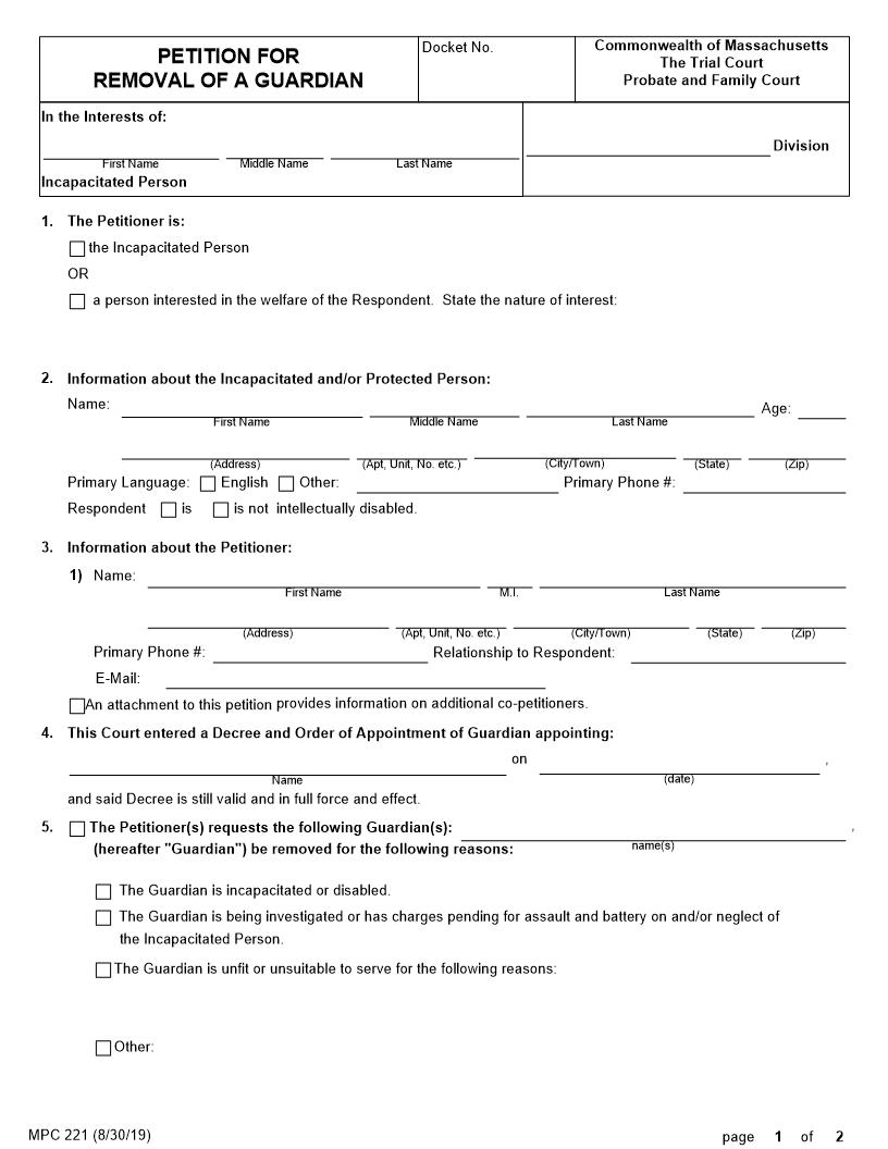 Petition For Removal Of A Guardian {MPC 221} | Pdf Fpdf Doc Docx | Massachusetts