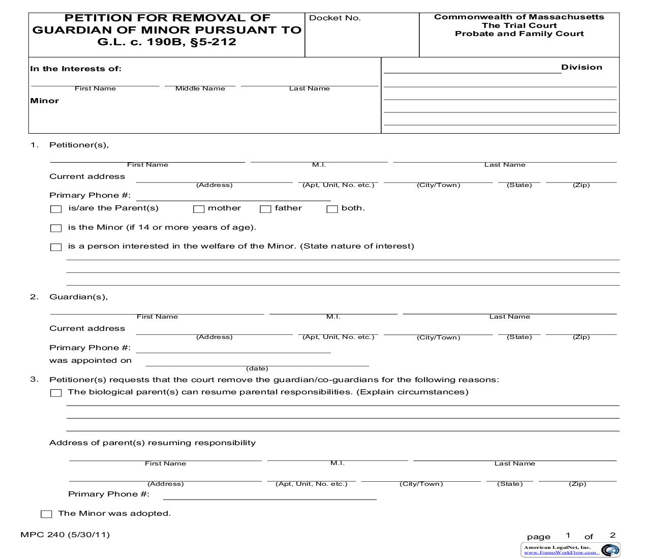 Petition For Removal Of Guardian Of A Minor {MPC 240} | Pdf Fpdf Doc Docx | Massachusetts