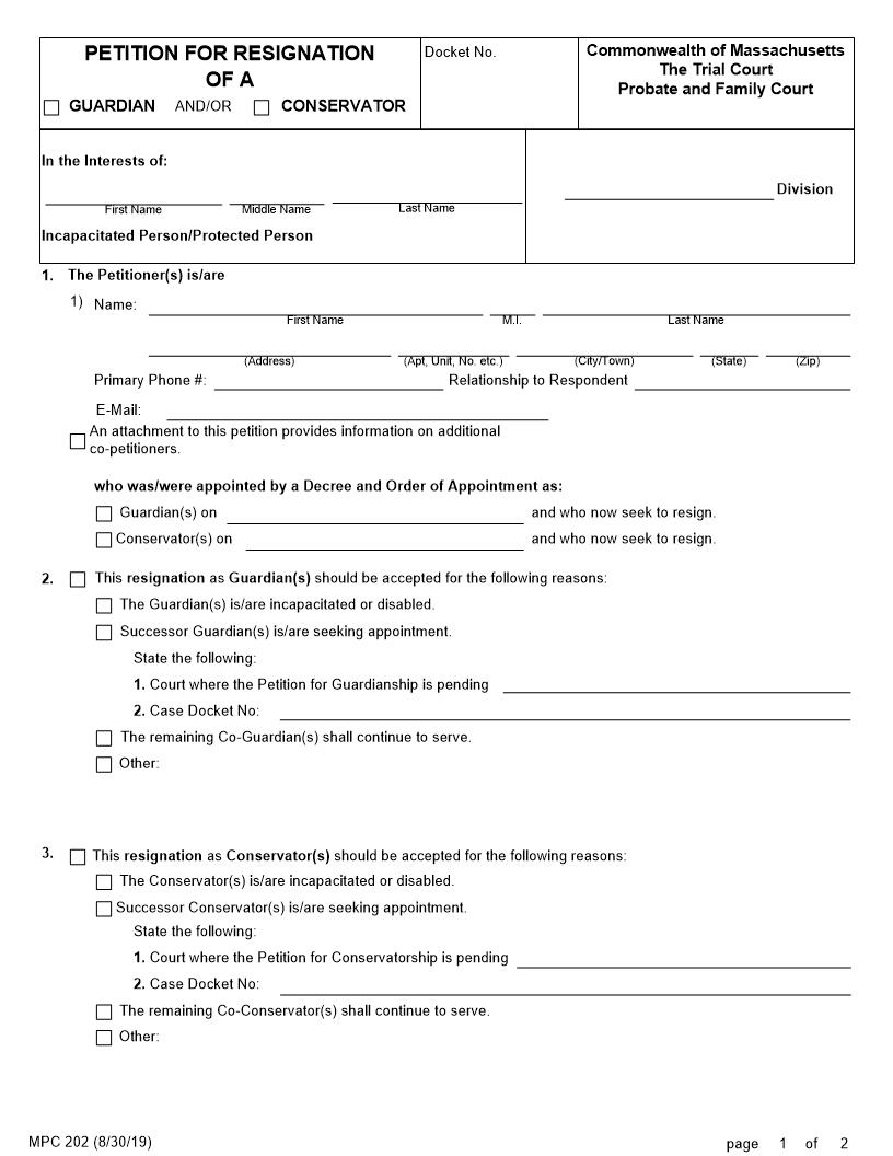 Petition For Resignation Of A Guardian And-Or Conservator {MPC 202} | Pdf Fpdf Doc Docx | Massachusetts