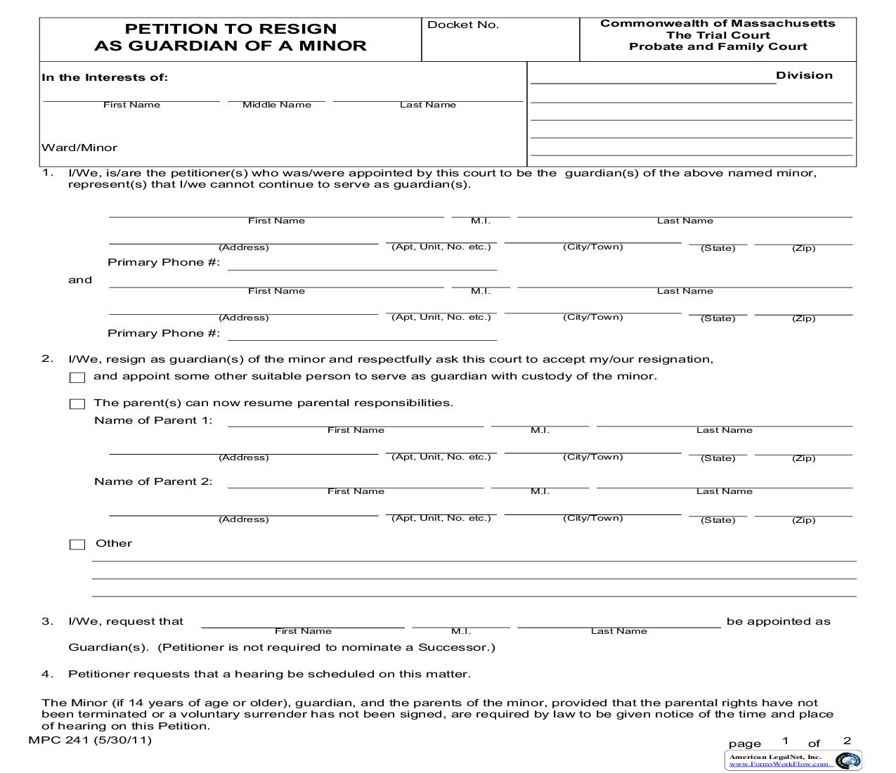 Petition For Resignation Of Guardian Of A Minor {MPC 241} | Pdf Fpdf Doc Docx | Massachusetts