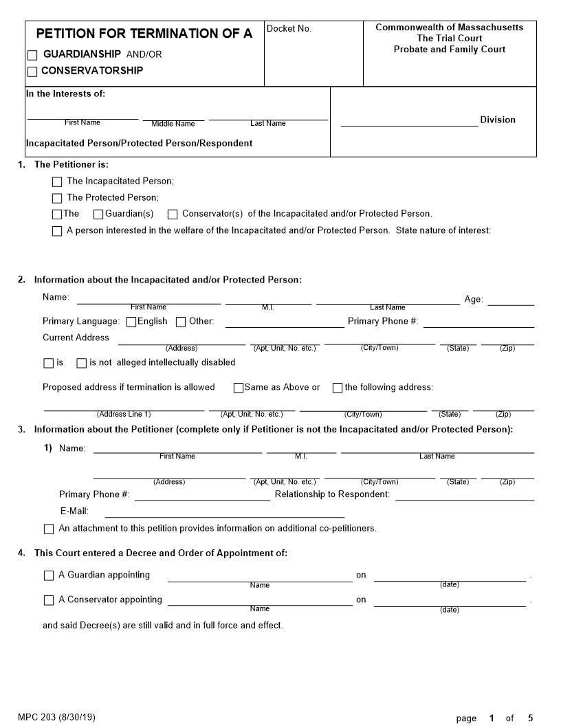Petition For Termination Of A Guardian And-Or Conservator {MPC 203} | Pdf Fpdf Doc Docx | Massachusetts