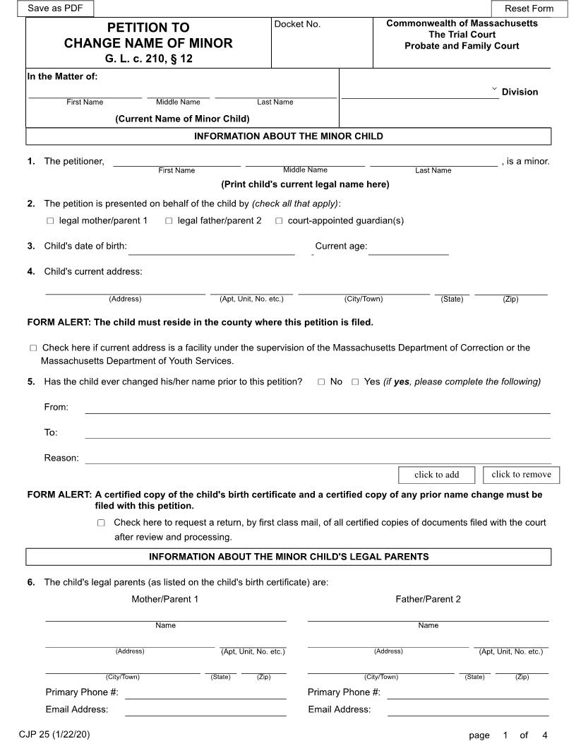 Petition To Change Name Of Minor {CJP 25} | Pdf Fpdf Docx | Massachusetts
