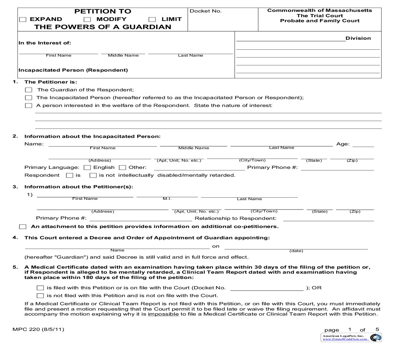 Petition To Expand- Modify-Limit The Powers Of A Guardian {MPC 220} | Pdf Fpdf Doc Docx | Massachusetts