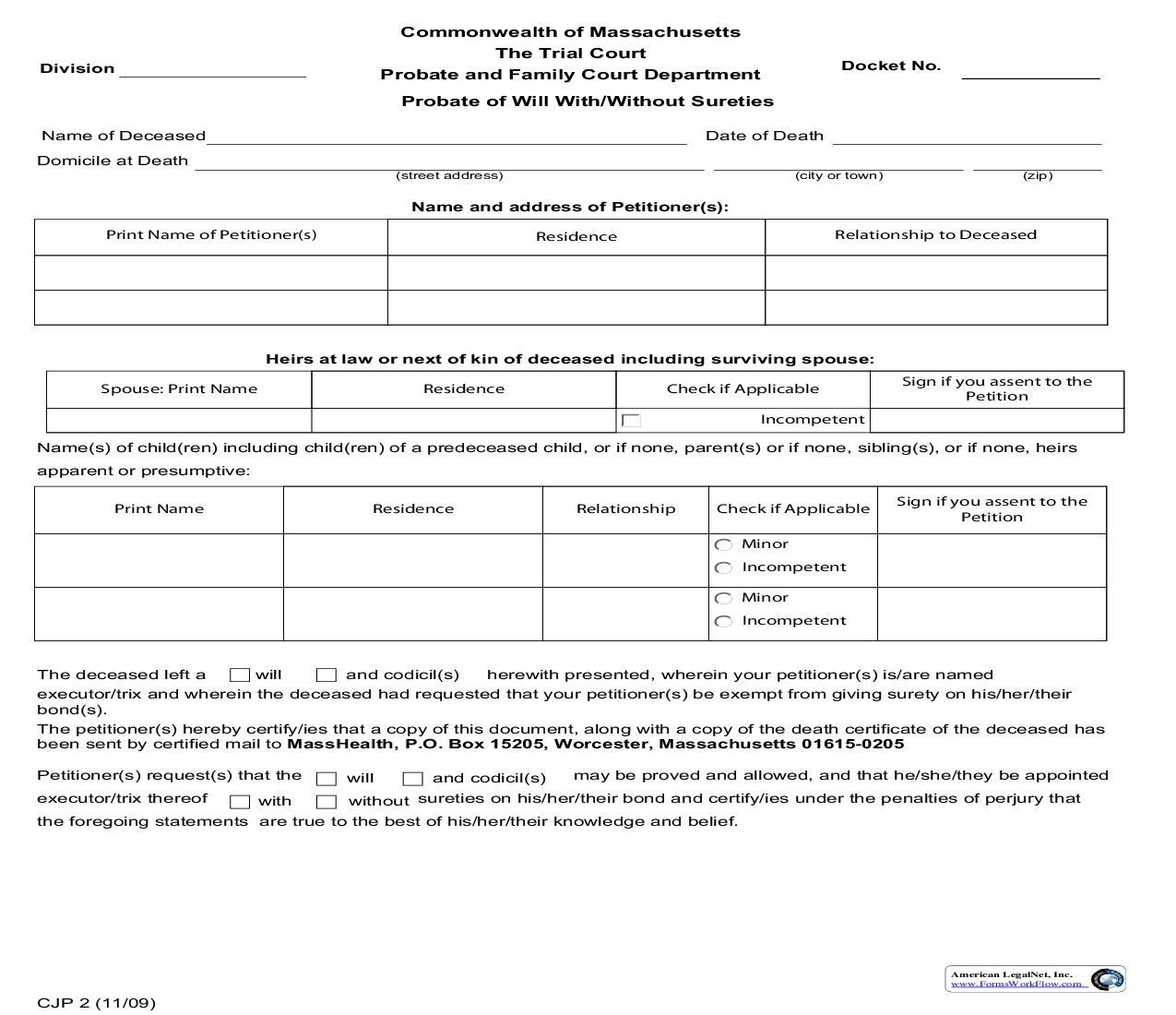 Probate Of Will With-Without Sureties {CJ-P 2} | Pdf Fpdf Doc Docx | Massachusetts