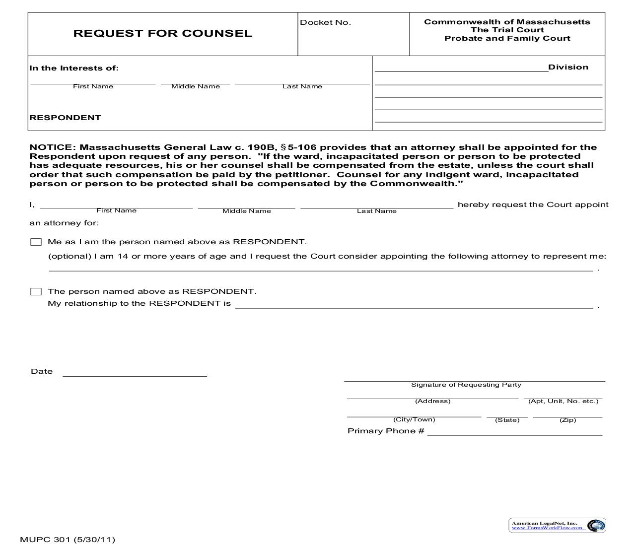 Request For Counsel {MPC 301} | Pdf Fpdf Doc Docx | Massachusetts