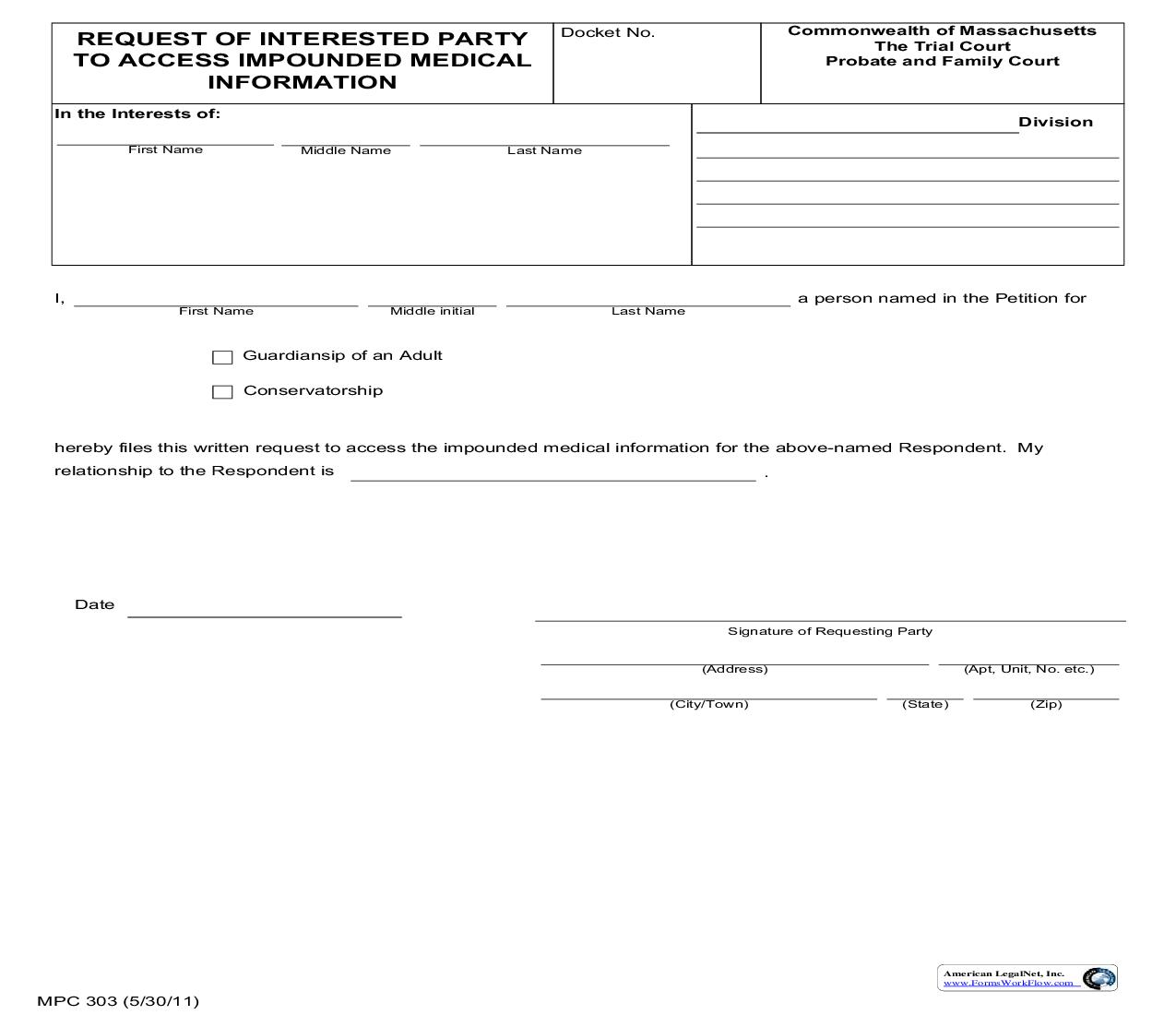 Request Of Interested Party To Access Impounded Medical Information {MPC 303} | Pdf Fpdf Doc Docx | Massachusetts