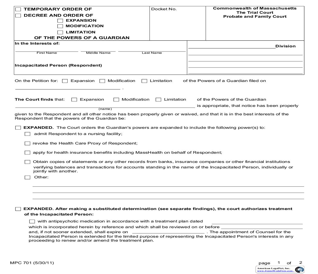 Temporary Order-Decree And Order Of Expansion-Modification-Limitation {MPC 701} | Pdf Fpdf Doc Docx | Massachusetts