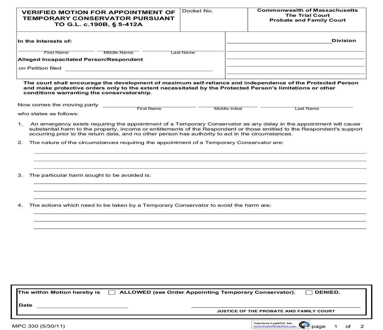 Verified Motion For Appointment Of Temporary Conservator {MPC 330} | Pdf Fpdf Doc Docx | Massachusetts