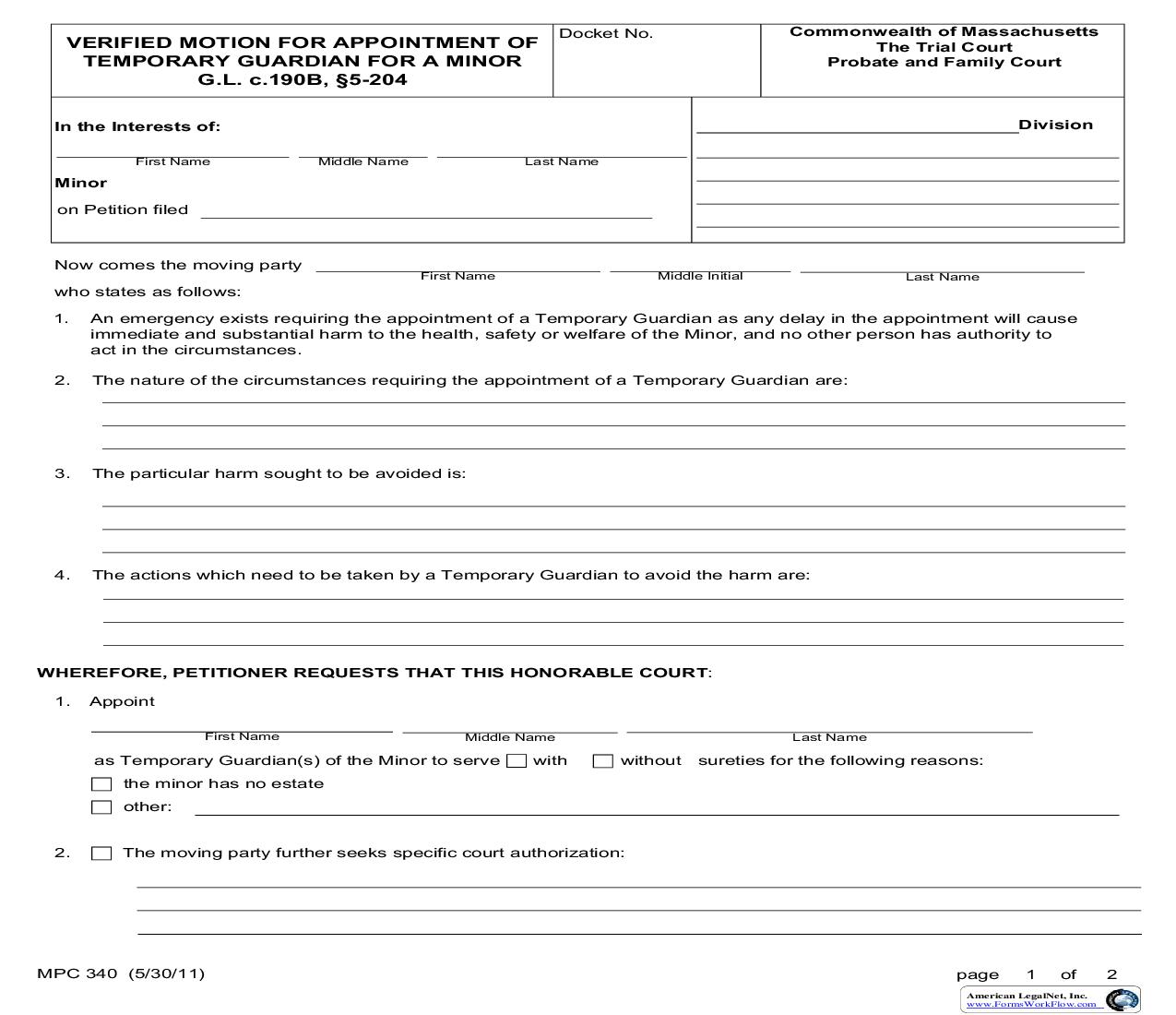 Verified Motion For Appointment Of Temporary Guardian For A Minor {MPC 340} | Pdf Fpdf Doc Docx | Massachusetts