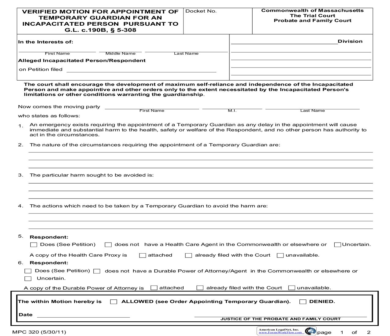 Verified Motion For Appointment Of Temporary Guardian For Adult {MPC 320} | Pdf Fpdf Doc Docx | Massachusetts