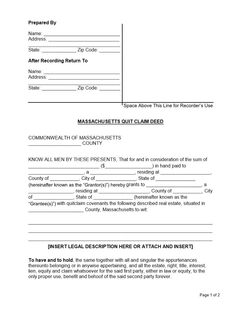 Quit Claim Deed | Pdf Fpdf Docx | Massachusetts
