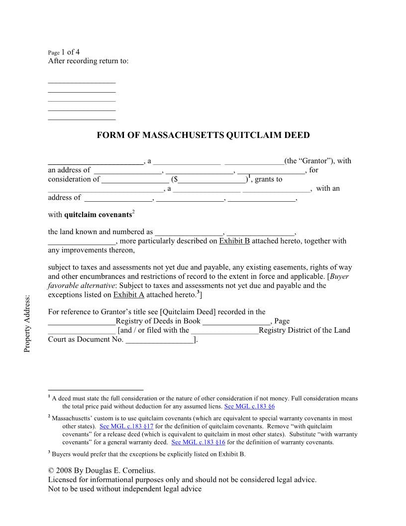 Quitclaim Deed With Covenants | Pdf Fpdf Docx | Massachusetts