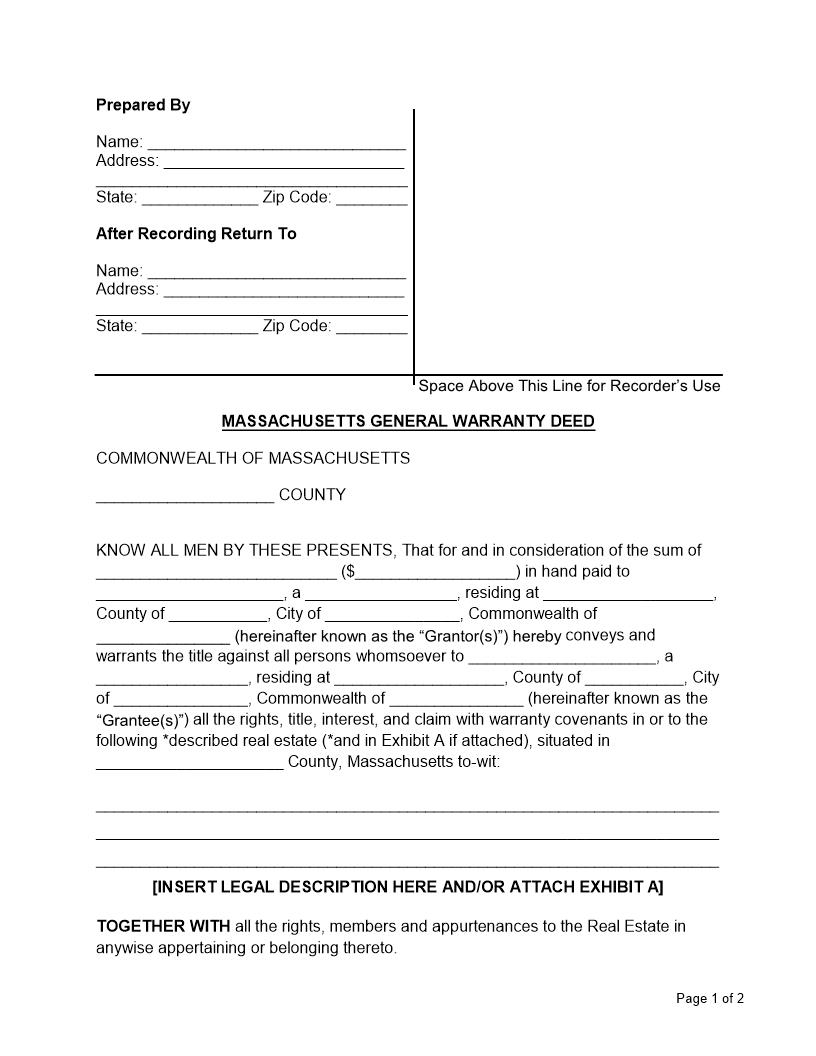 Warranty Deed | Pdf Fpdf Docx | Massachusetts