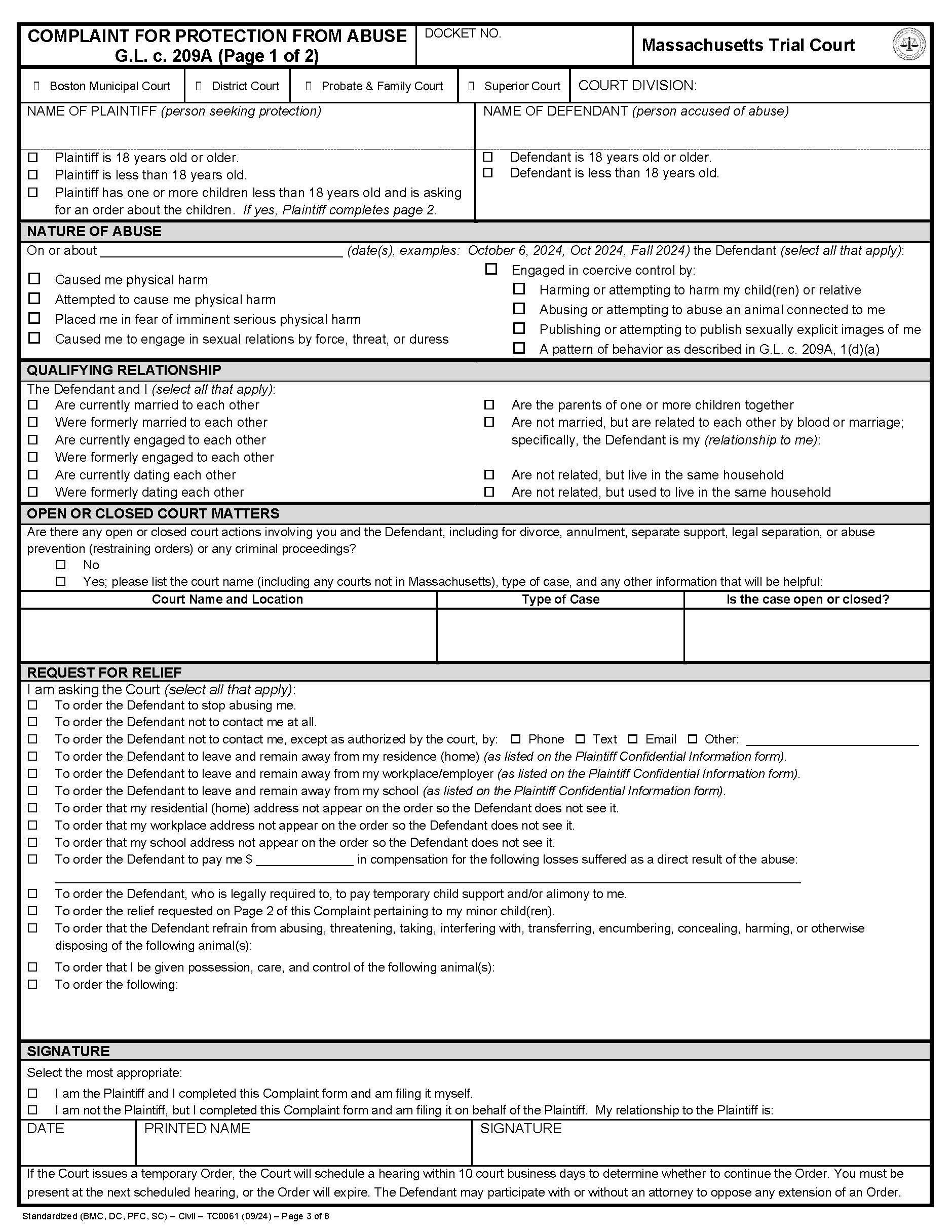 Abuse Prevention Order-Restraining Order Application Forms (G.L.c. 209A) | Pdf Fpdf Docx | Massachusetts