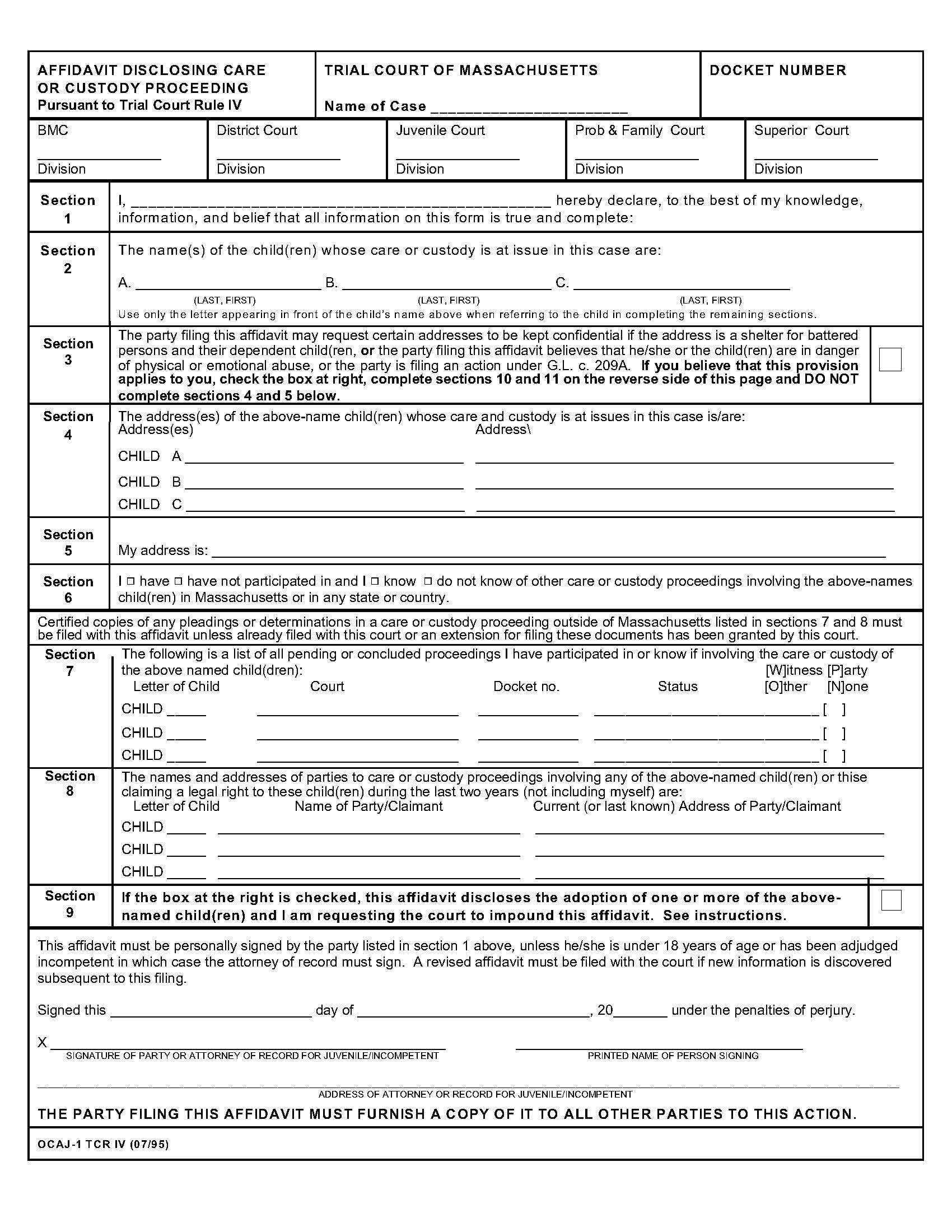 Affidavit Disclosing Care Or Custody Proceeding  Involving A Child {OCAJ-1 TRC IV} | Pdf Fpdf Doc Docx | Massachusetts