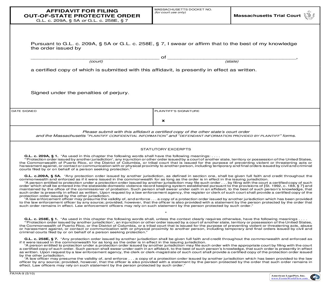 Affidavit For Filing Out-Of-State Protective Order {FA-HA-9} | Pdf Fpdf Doc Docx | Massachusetts