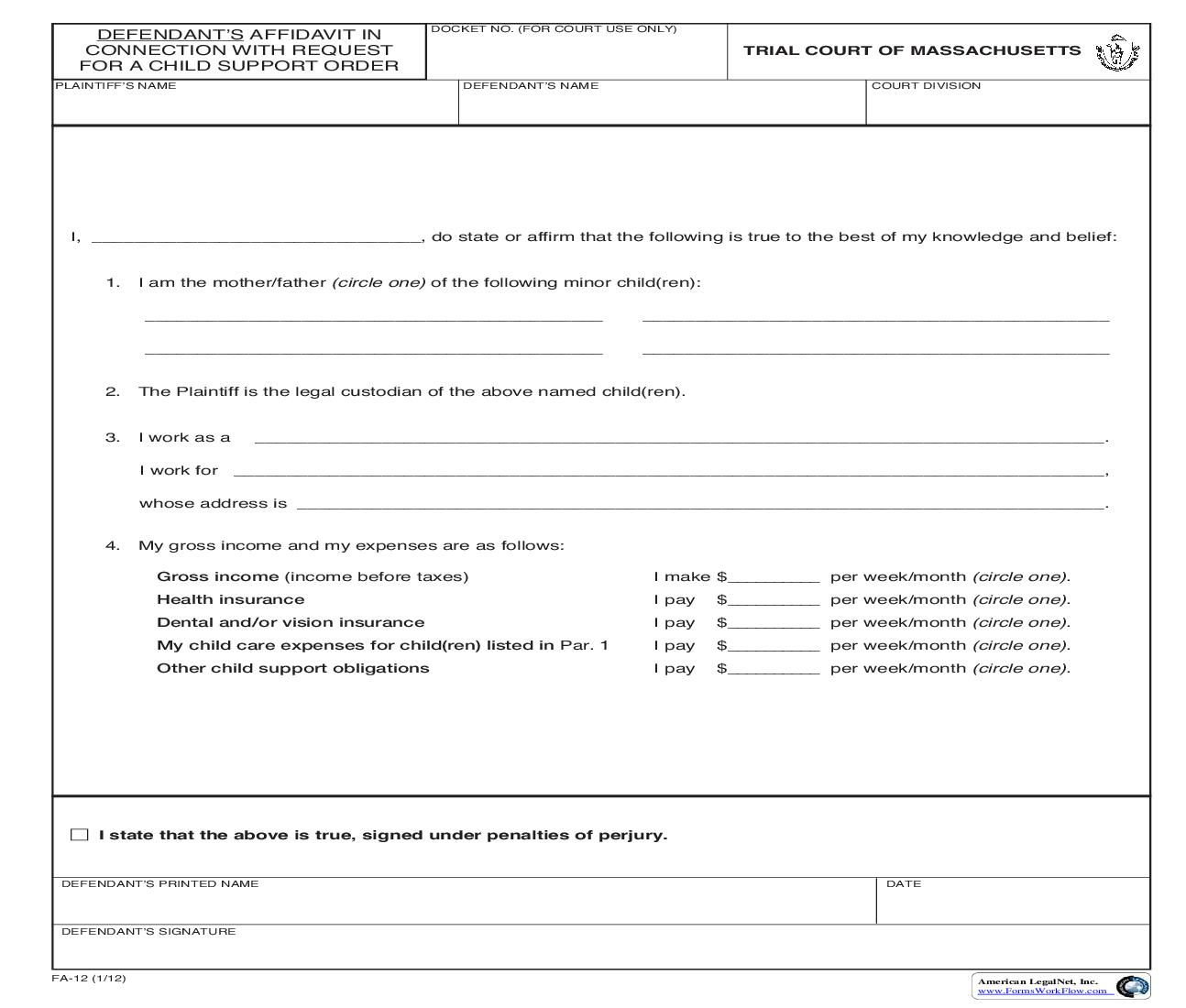 Defendants Affidavit In Connection With Request For A Child Support Order {FA-12} | Pdf Fpdf Doc Docx | Massachusetts