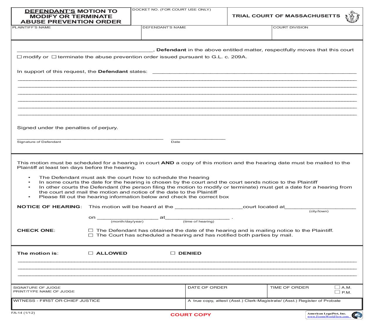 Defendants Motion To Modify Or Terminate Abuse Prevention Order {FA-14} | Pdf Fpdf Doc Docx | Massachusetts