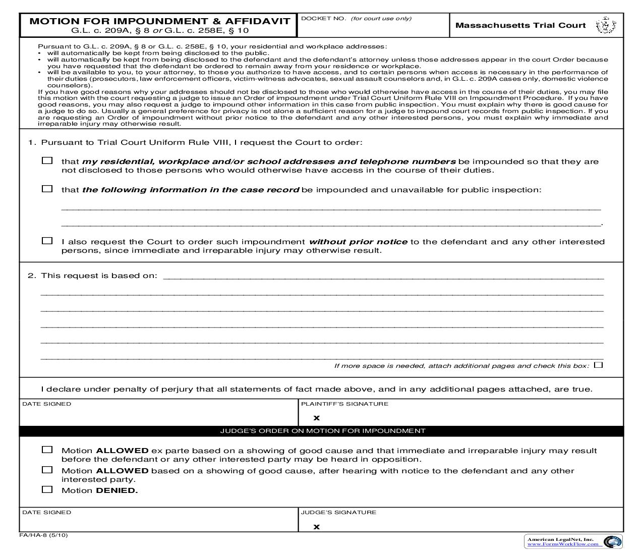 Motion For Impoundment {FA-HA-8} | Pdf Fpdf Doc Docx | Massachusetts