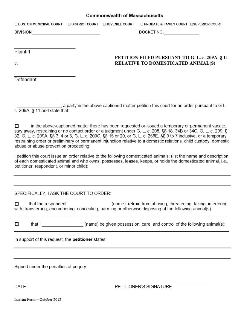 Petition Filed Pursuant To G.L. 209A 11 Relative To Domesticated Animal(s) | Pdf Fpdf Docx | Massachusetts
