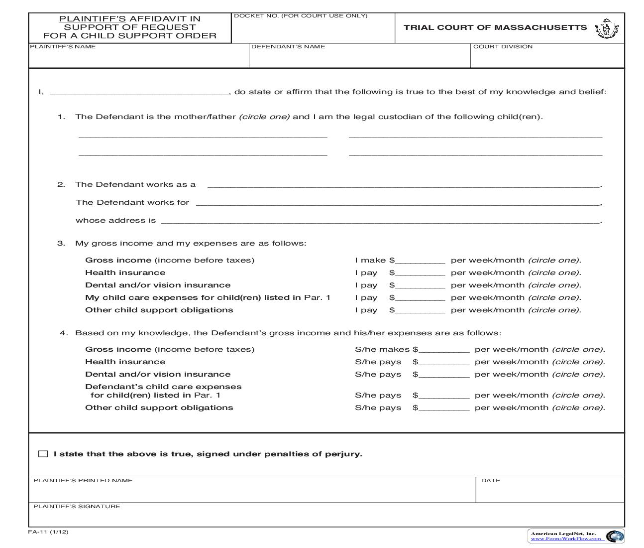 Plaintiffs Affidavit In Support Or Request For Child Support Order {FA-11} | Pdf Fpdf Doc Docx | Massachusetts