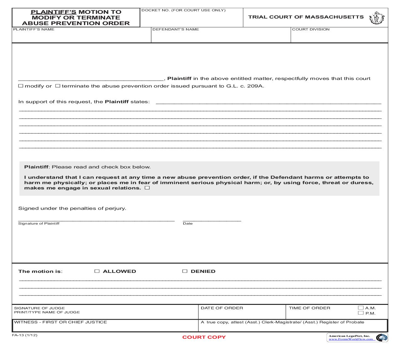 Plaintiffs Motion To Modify Or Terminate Abuse Prevention Order {FA-13} | Pdf Fpdf Doc Docx | Massachusetts