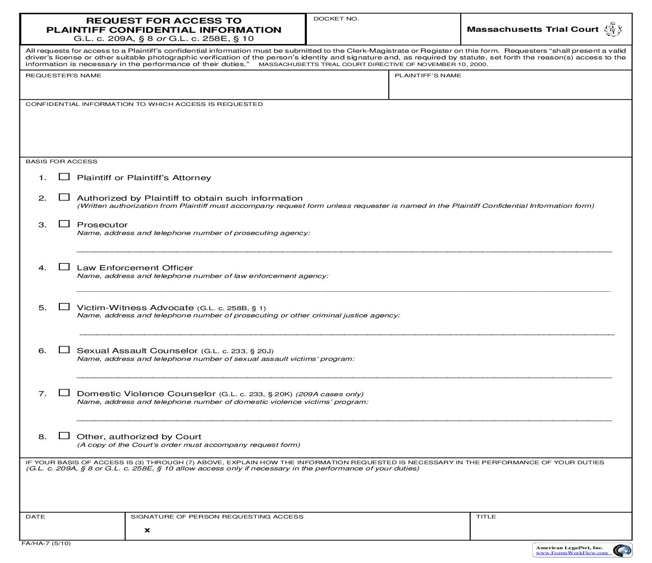 Request For Access To Plaintiff Confidential Information {FA-HA-7} | Pdf Fpdf Doc Docx | Massachusetts