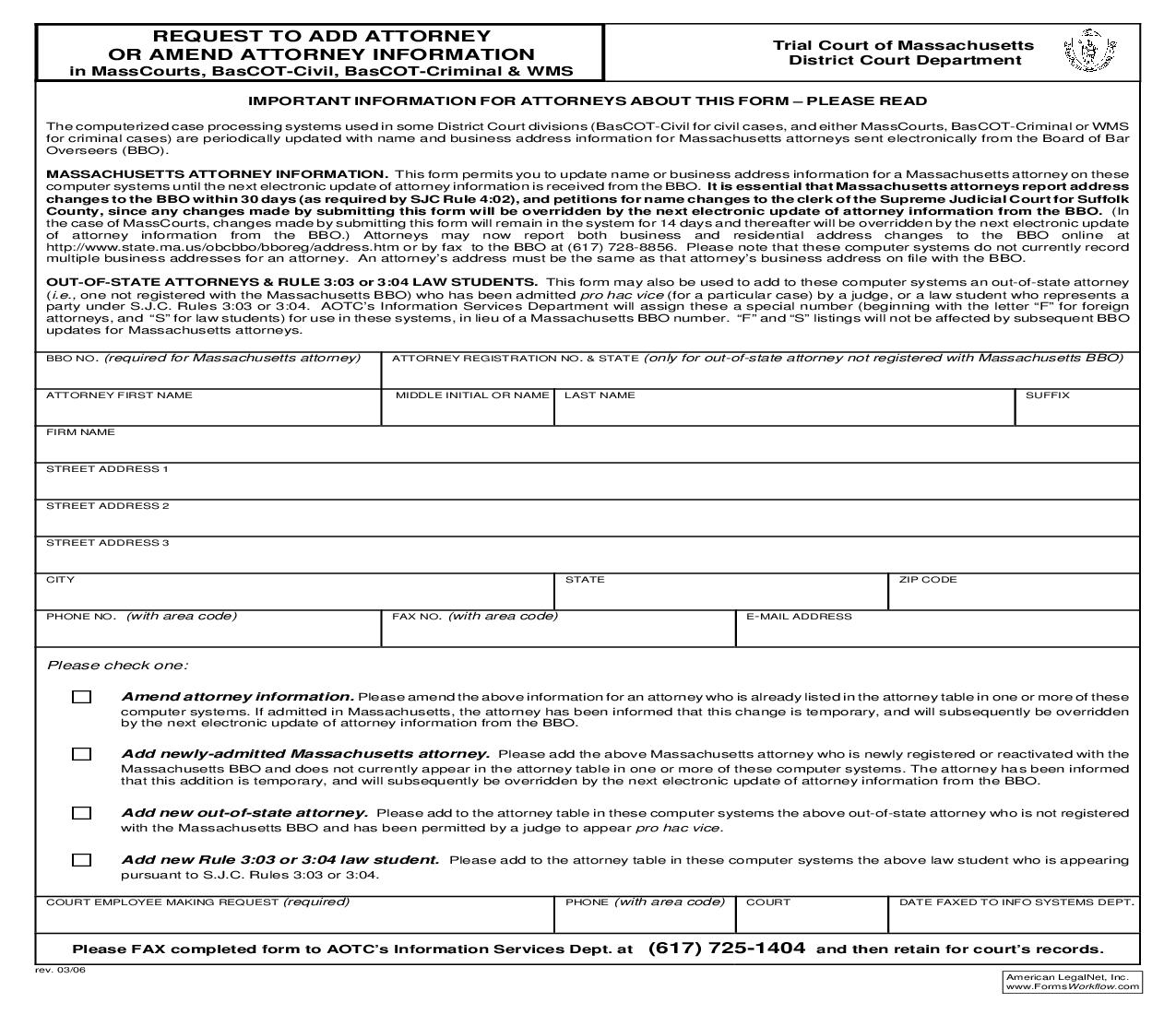 Request To Add Attorney Or Amend Attorney Information | Pdf Fpdf Doc Docx | Massachusetts