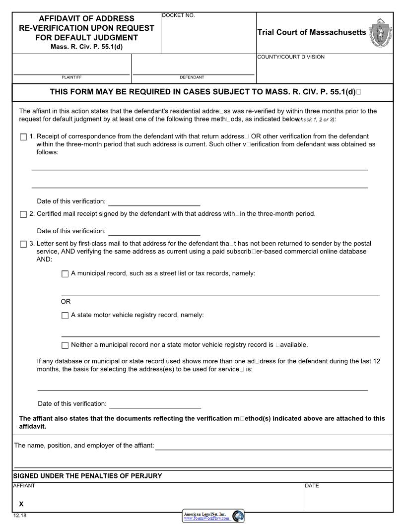 Affidavit Of Address Re-Verification Upon Request For Default Judgment | Pdf Fpdf Docx | Massachusetts
