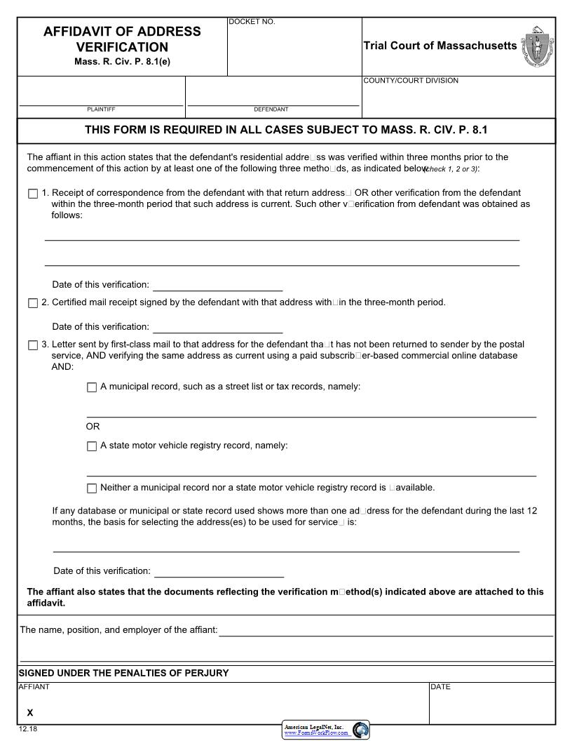 Affidavit Of Address Verification | Pdf Fpdf Docx | Massachusetts