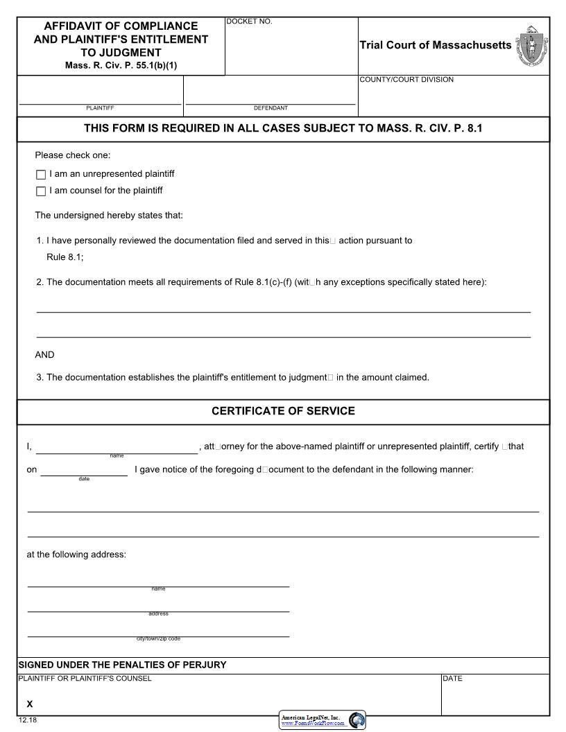Affidavit Of Compliance And Plaintiffs Entitlement To Judgment | Pdf Fpdf Docx | Massachusetts