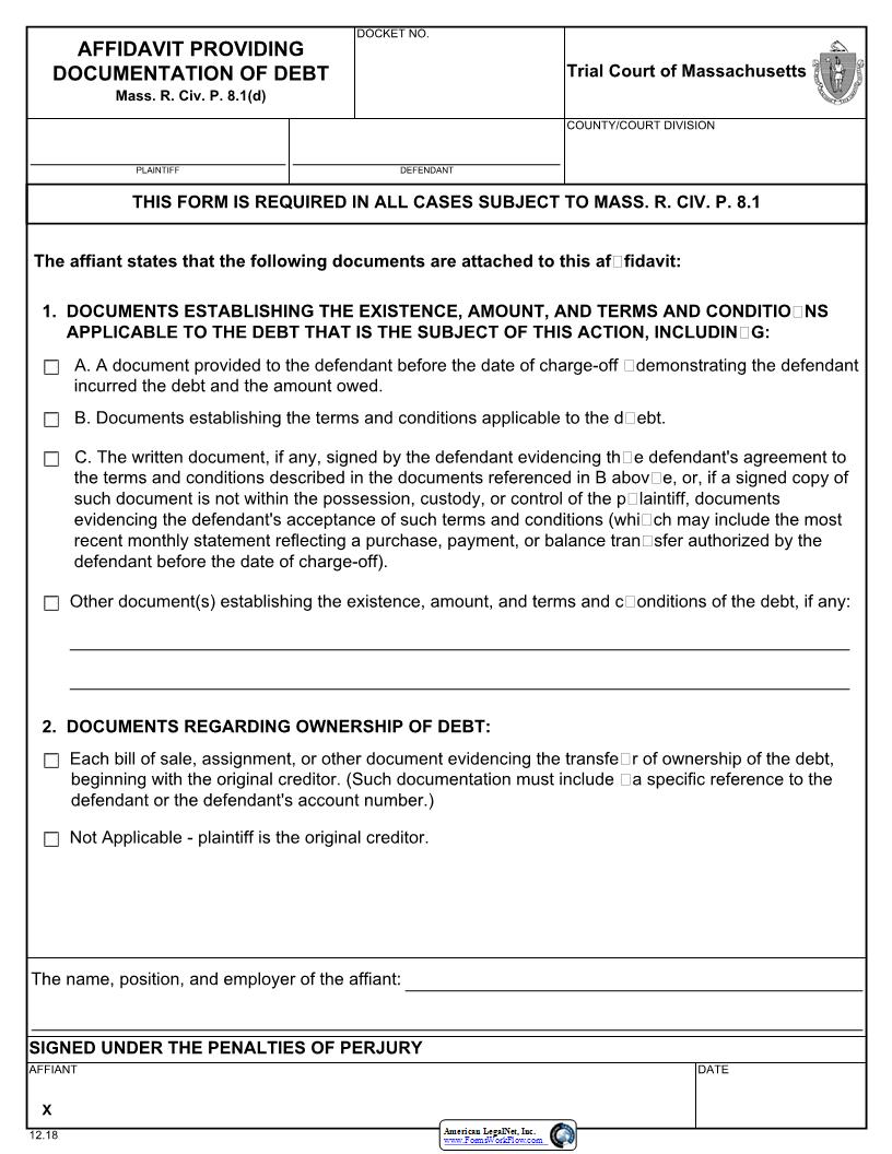 Affidavit Providing Documentation Of Debt | Pdf Fpdf Docx | Massachusetts