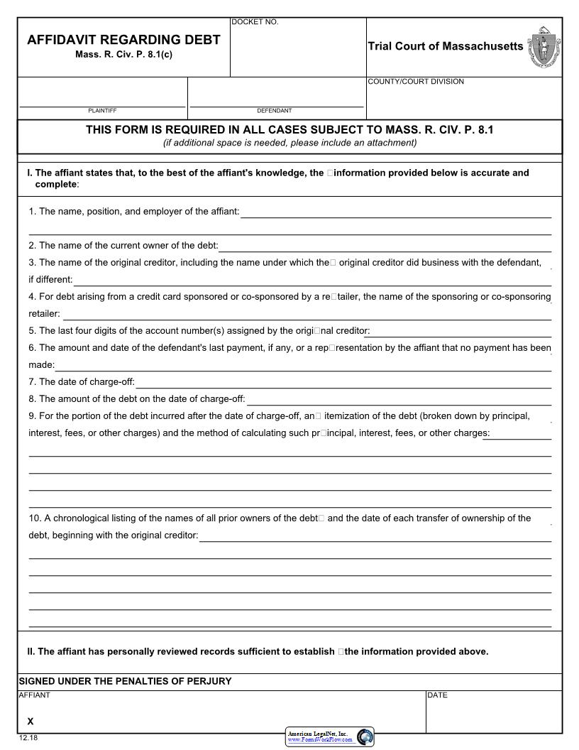 Affidavit Regarding Debt | Pdf Fpdf Docx | Massachusetts