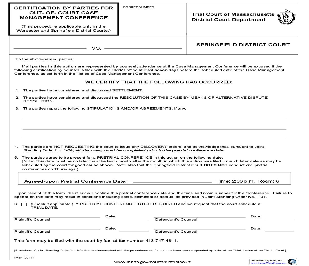 Certification By Parties For Out-Of-Court Case Management Conference (Springfield) | Pdf Fpdf Doc Docx | Massachusetts