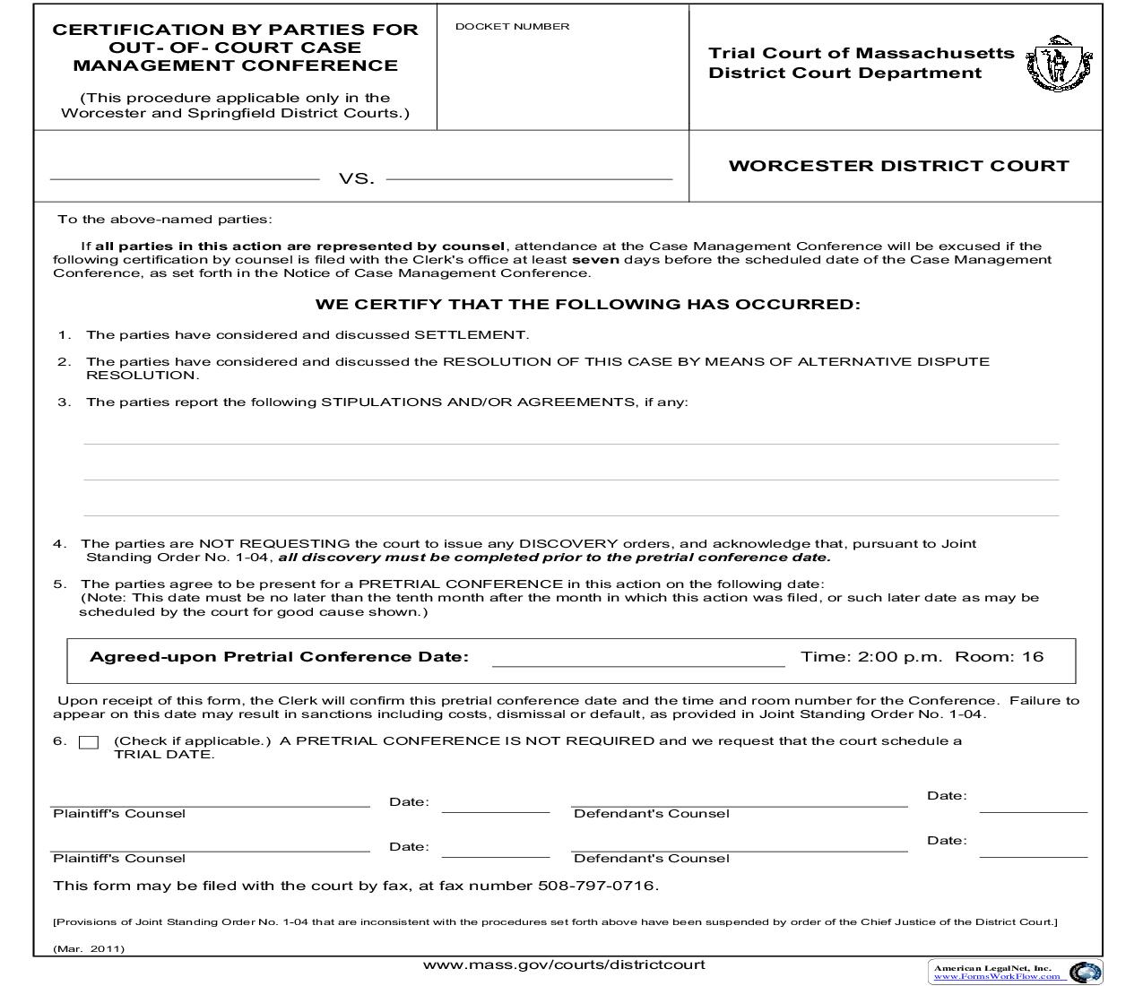 Certification By Parties For Out-Of-Court Case Management Conference (Worcester) | Pdf Fpdf Doc Docx | Massachusetts