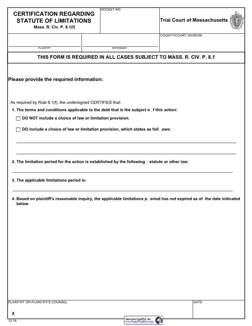 Certification Regarding Statute Of Limitations | Pdf Fpdf Docx | Massachusetts